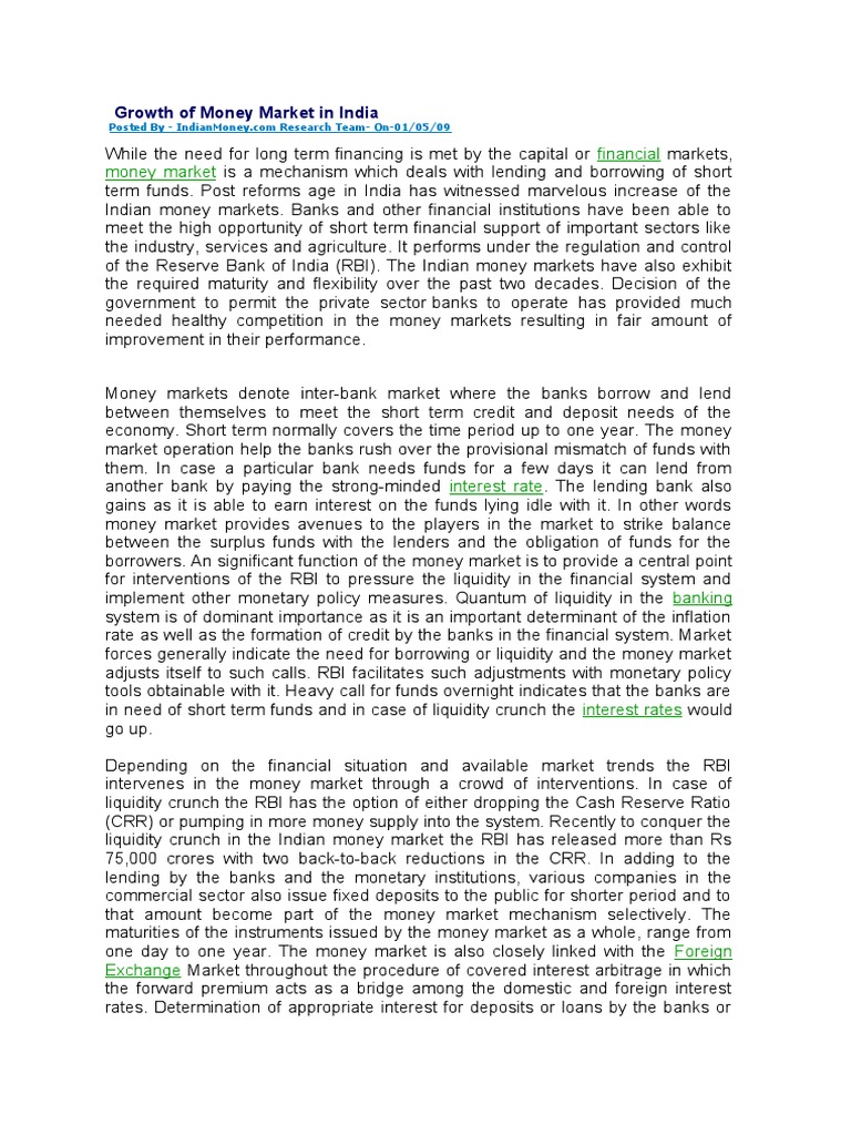 Growth of India's Money Market Explained | PDF | Reserve Bank Of India ...