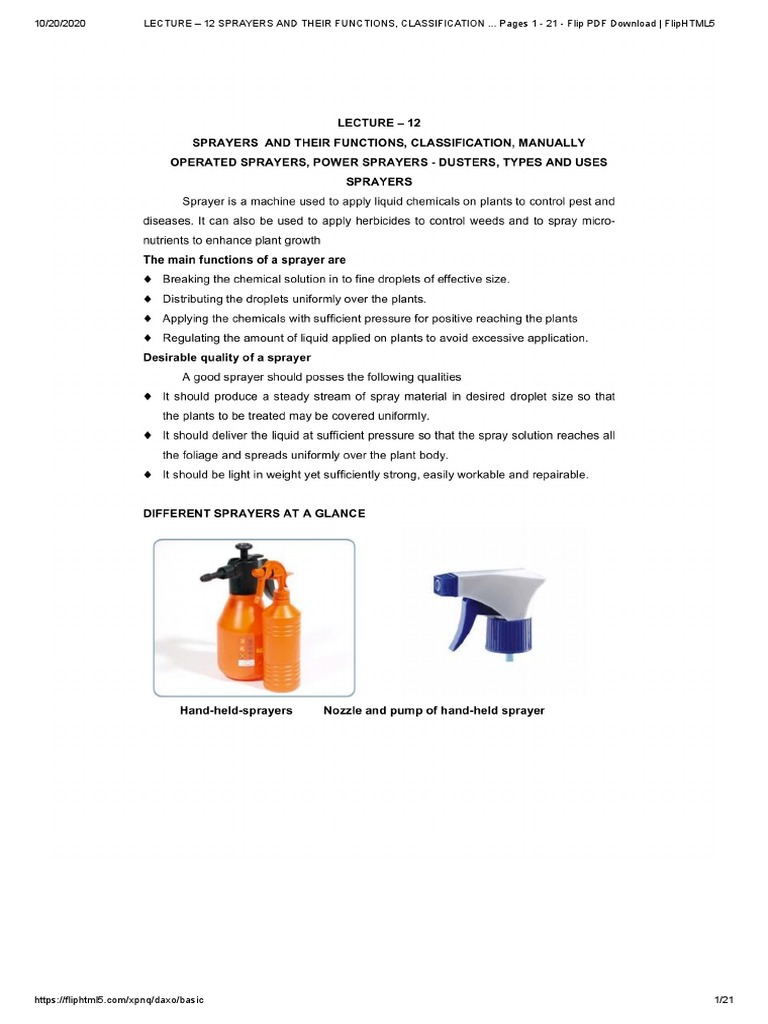 LECTURE 12 SPRAYERS AND THEIR FUNCTIONS, CLASSIFICATION Pages 1