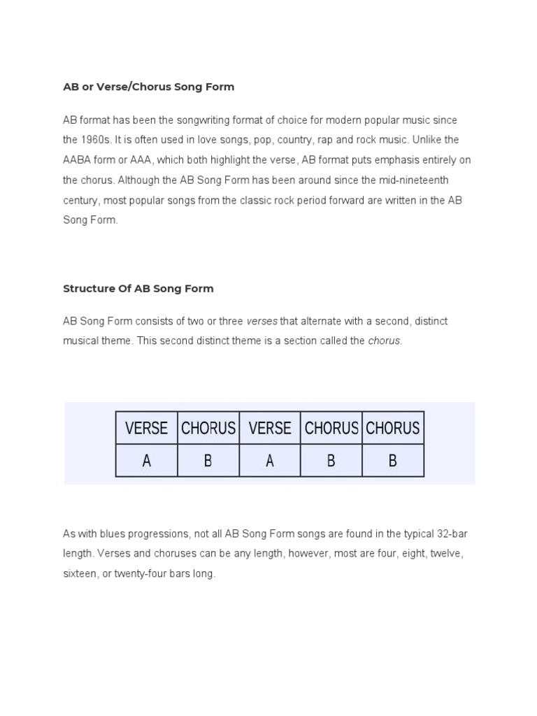 AB or Verse/Chorus Song Form PDF Refrain Song Structure