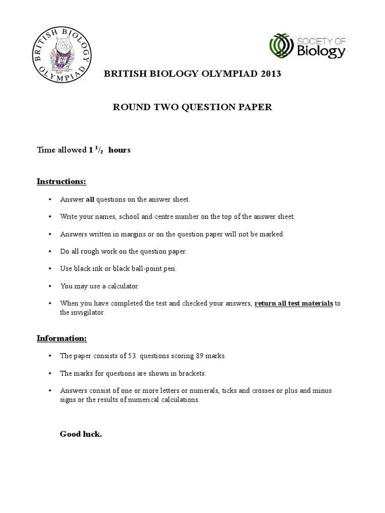 British Biology Olympiad 2013 Time Allowed 1 PDF Zygosity Cell