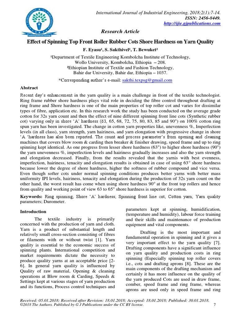 Effect of Spinning Top Front Roller Rubber Cots Shore Hardness On Yarn Quality PDF Spinning