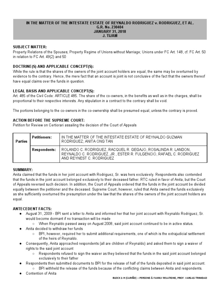LAW 100 in The Matter of The Intestate Estate of Reynaldo Rodriguez v