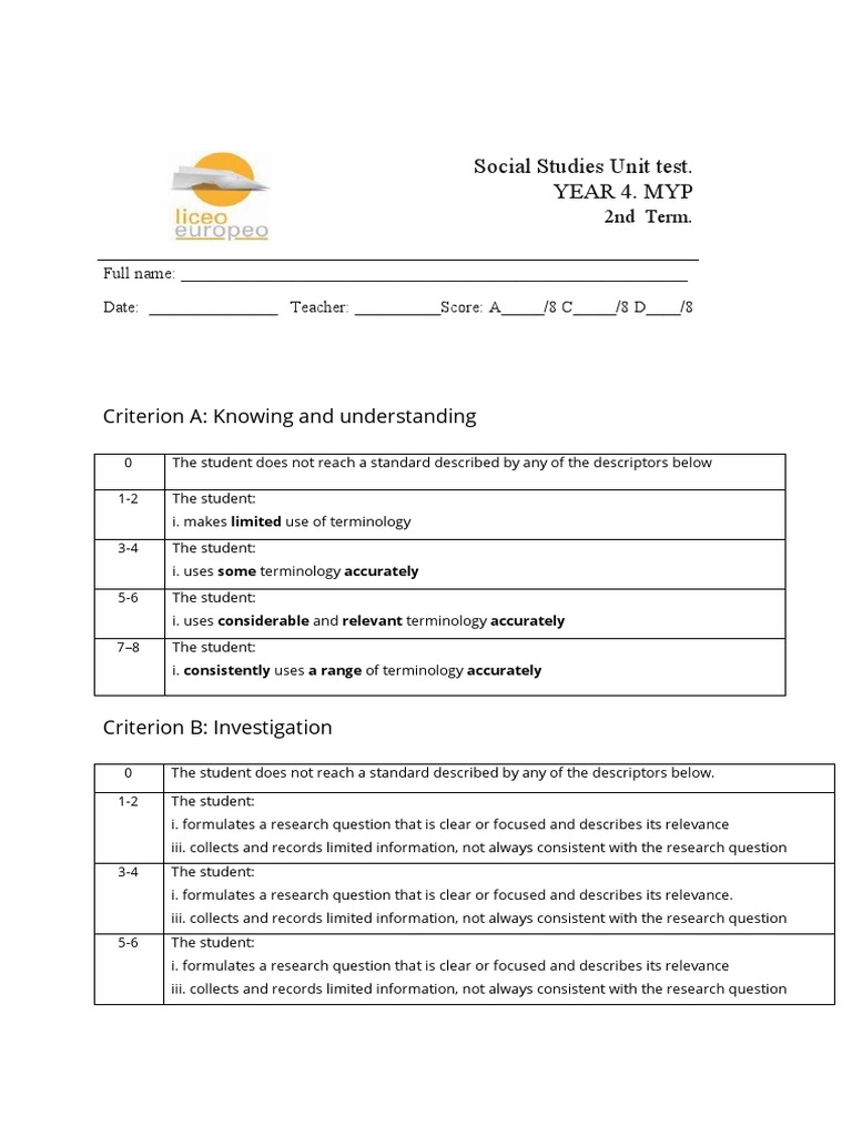 Social Studies Unit Test. Year 4. Myp Criterion A Knowing and
