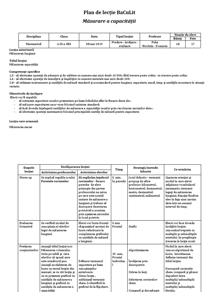 Plan de Lectie Baculit Unitati de Masura | PDF