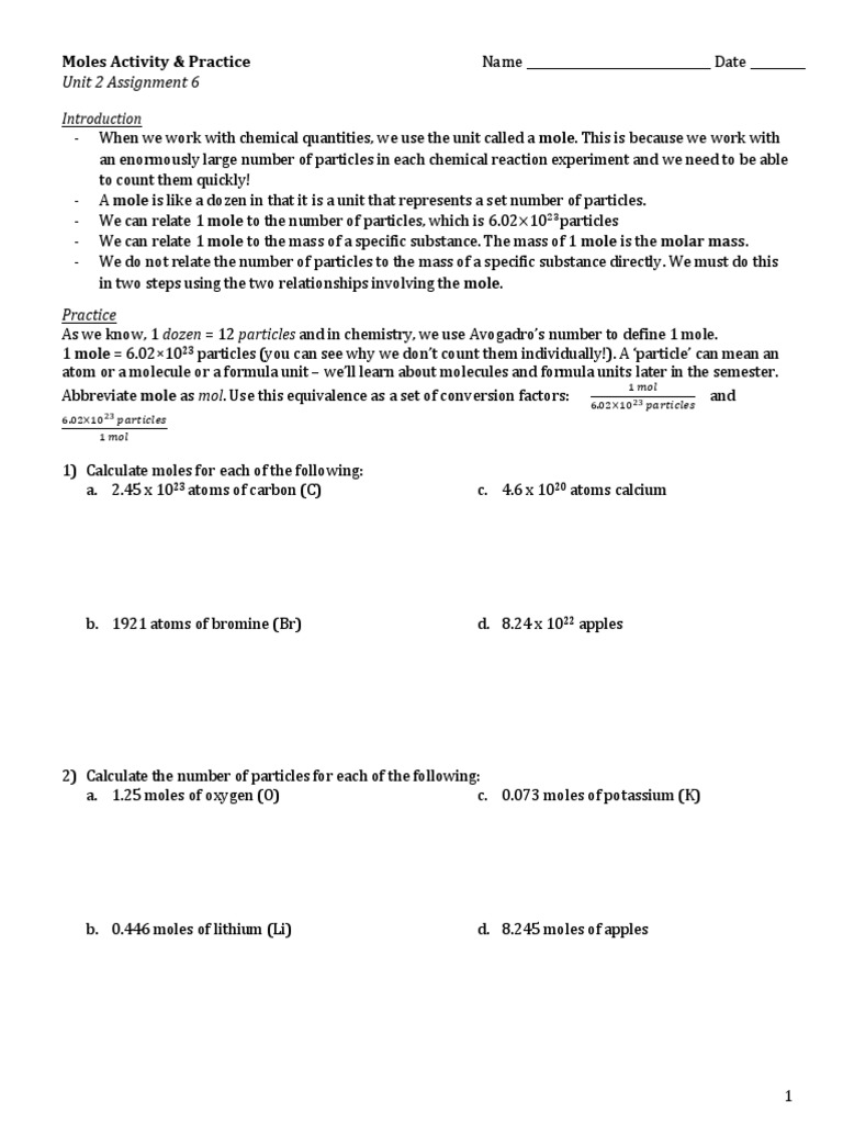 Unit 2 Assignment 6: Moles Activity & Practice | PDF | Mole (Unit) | Atoms