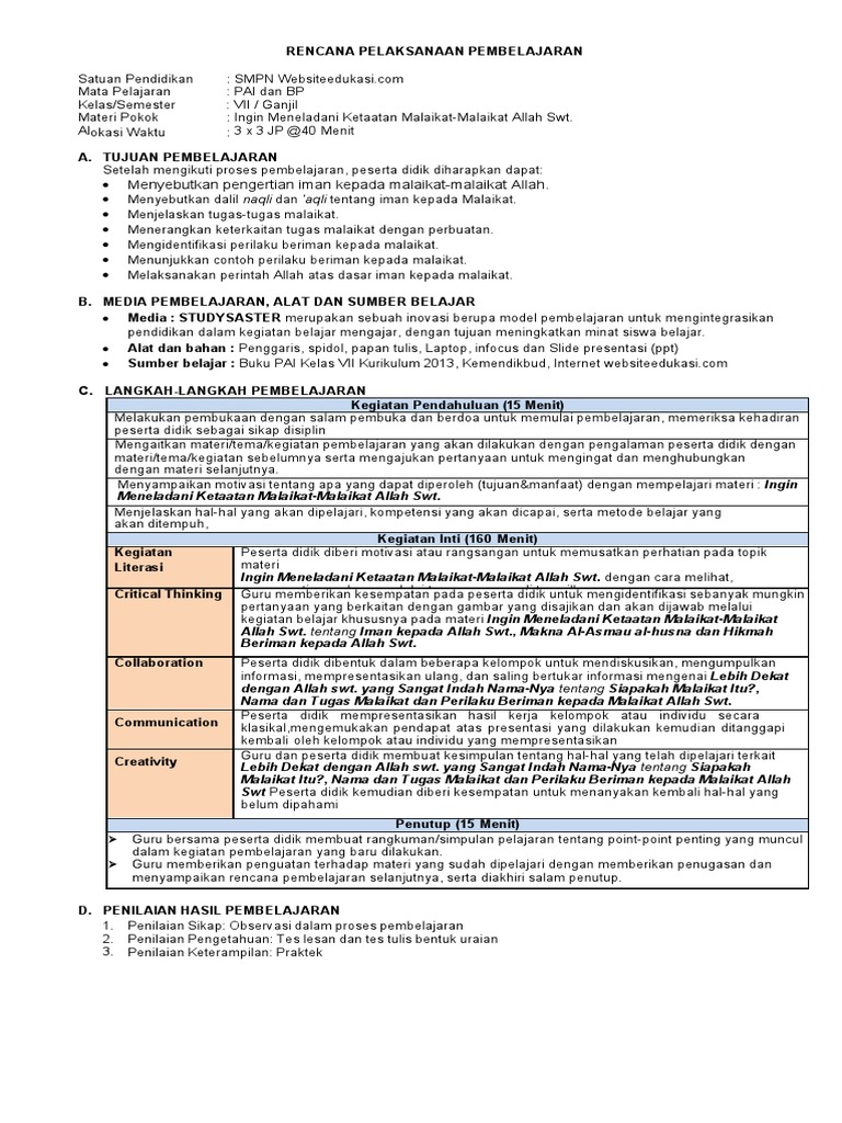 RPP PAI Kelas 7 Semester 1 Kurikulum 2013 | PDF