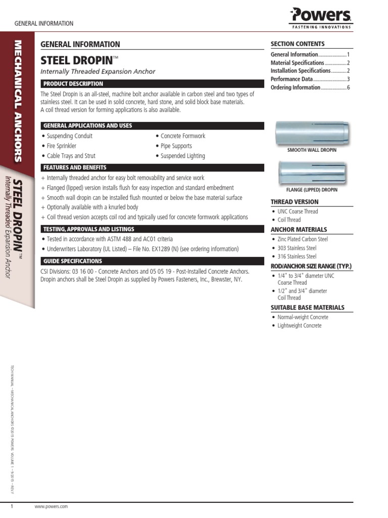 Powers Steel Drop in Anchor Specs PDF Screw Pipe (Fluid Conveyance)
