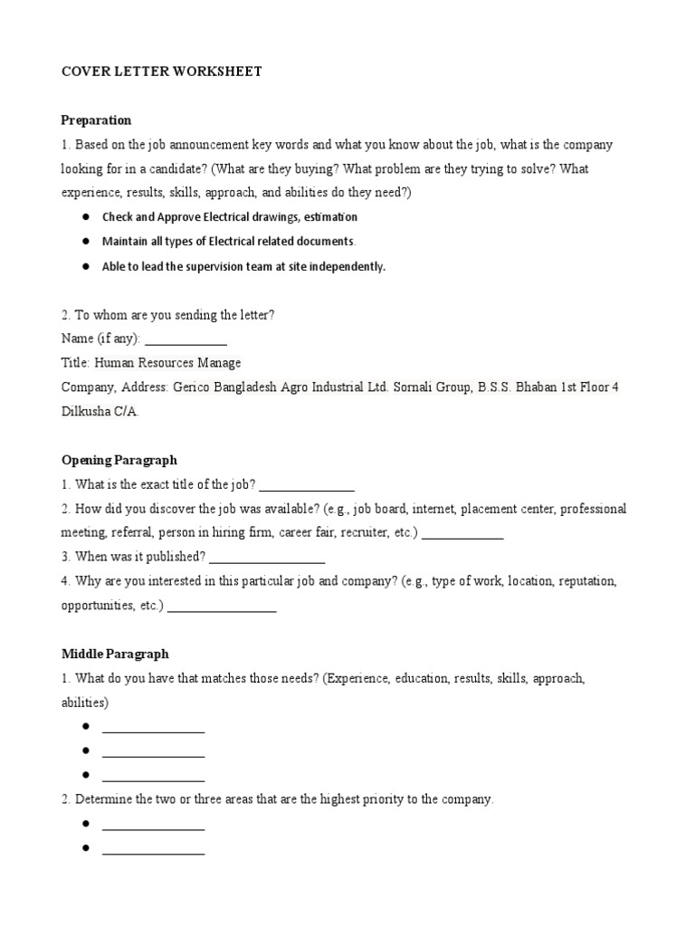 cover letter worksheet template