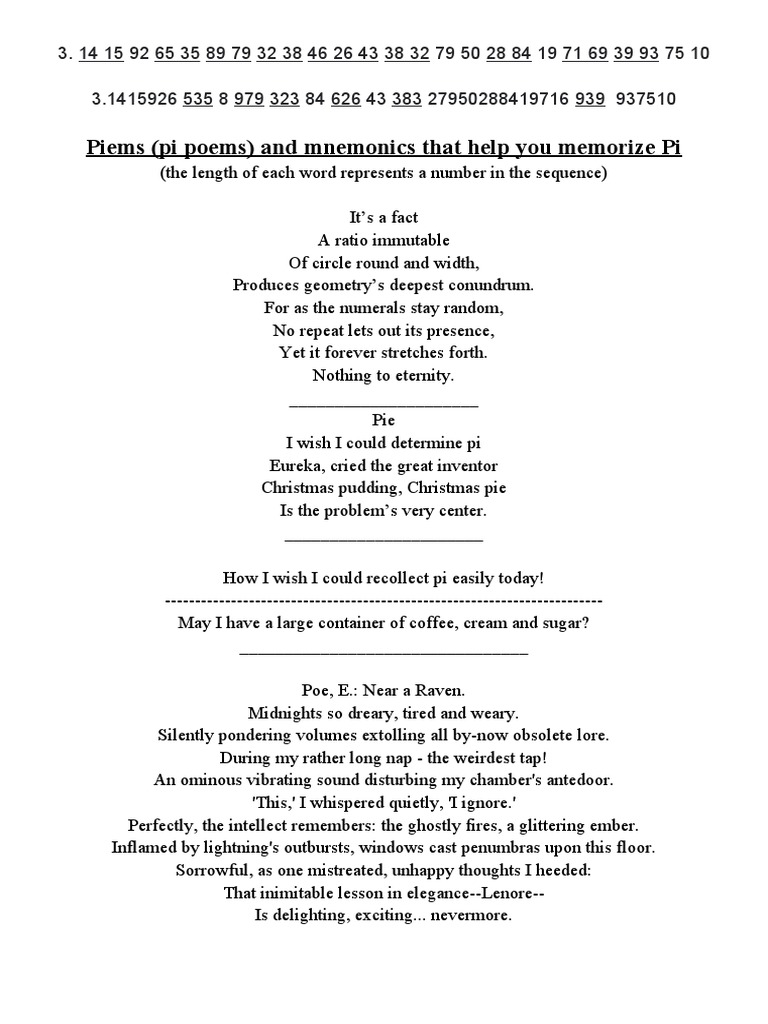 Piems Pi Poems and Mnemonics PDF