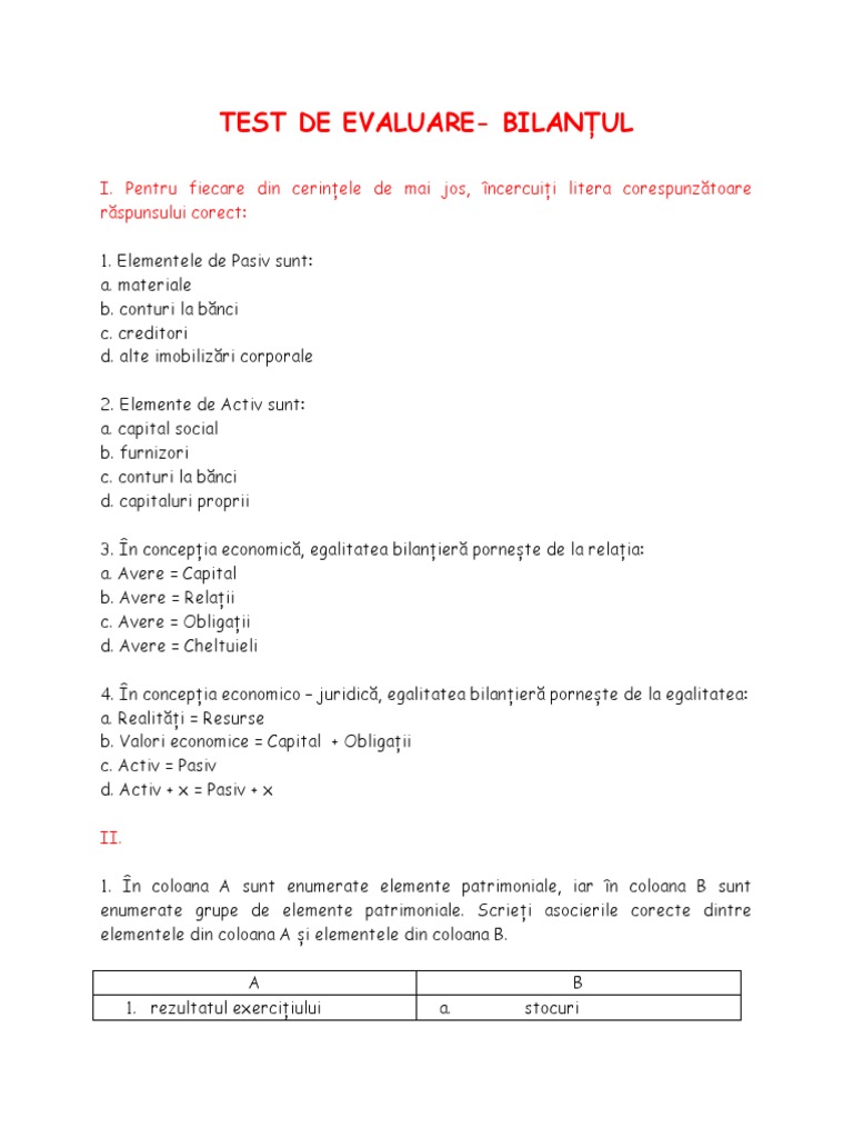 Test - de - Evaluare Bilantul Contabil | PDF