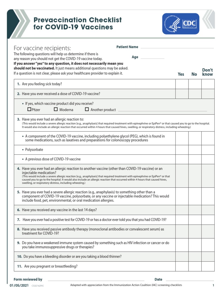 Pre Vaccination Screening Form | PDF | Allergy | Vaccines