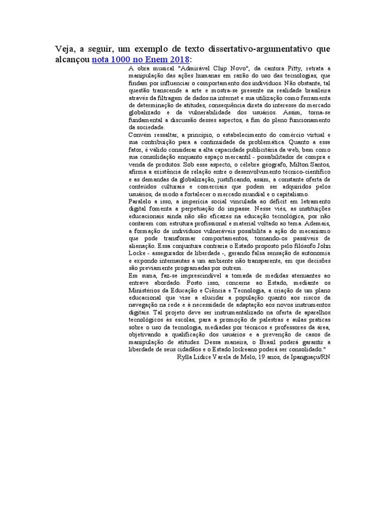 Exemplo Redação Nota Mil - 2018 | PDF | Estado | Liberdade