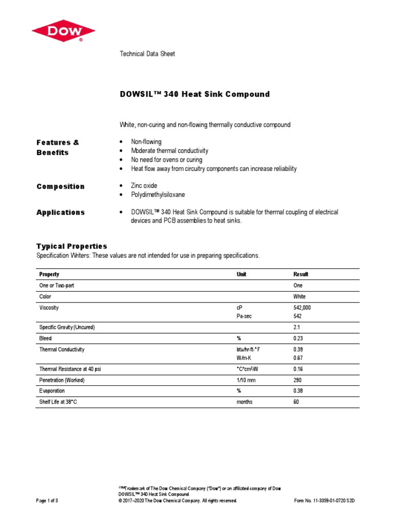 DOWSIL™ 340 Heat Sink Compound Features & Benefits PDF Dow