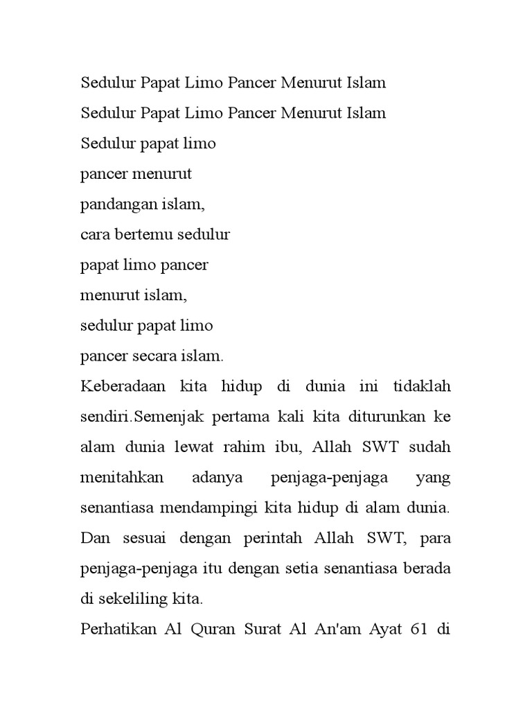 Pemahaman Sedulur Papat Limo Pancer | PDF