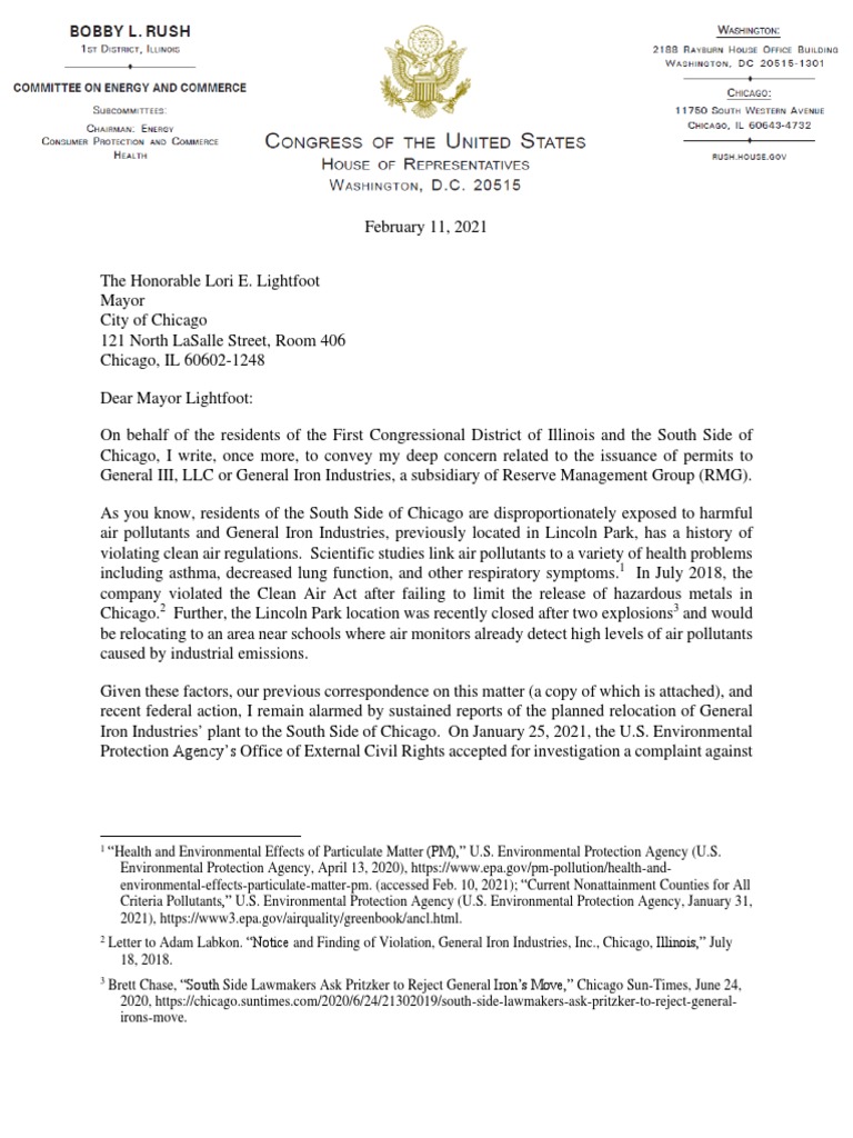 Rep. Rush Letter To Mayor Lightfoot Re General Iron Industries | PDF ...