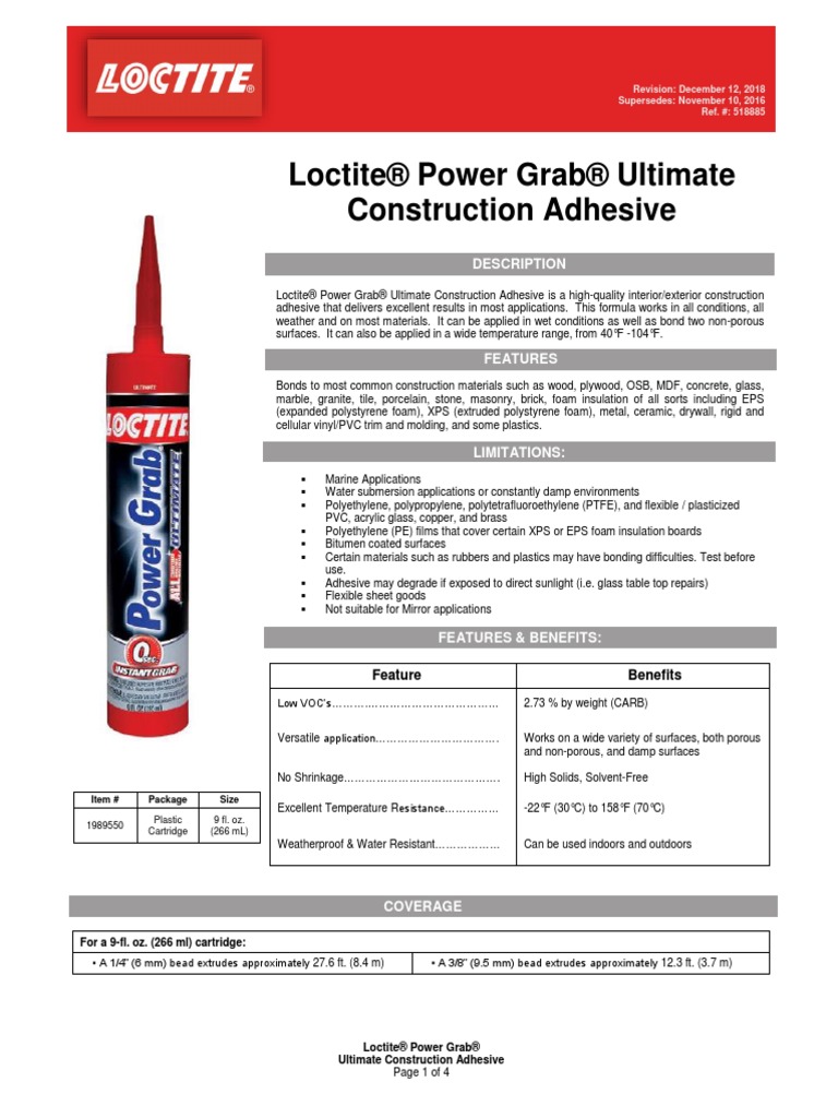Loctite® Power Grab® Ultimate Construction Adhesive Description PDF Drywall Polystyrene