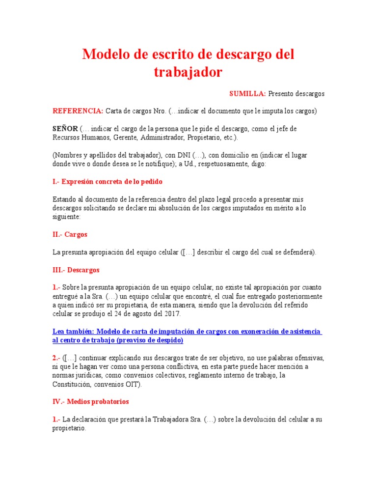 Modelo de Escrito de Descargo Del Trabajador | PDF