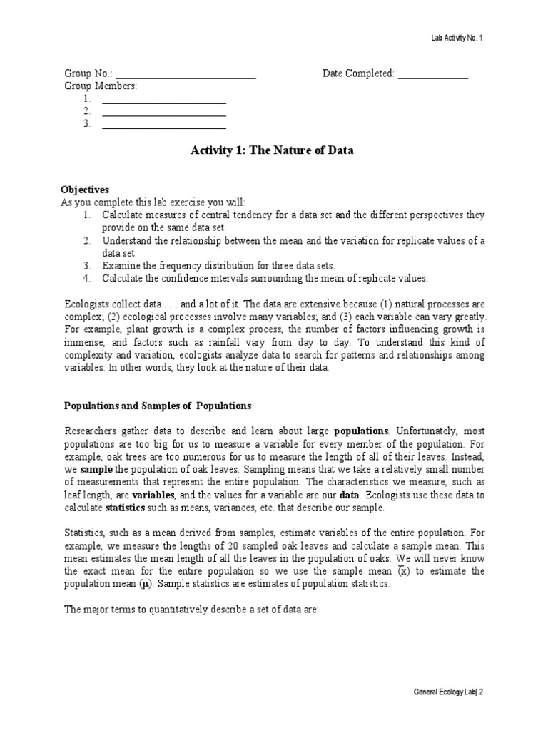 Lab 1. The Nature of Data | PDF | Mean | Standard Deviation