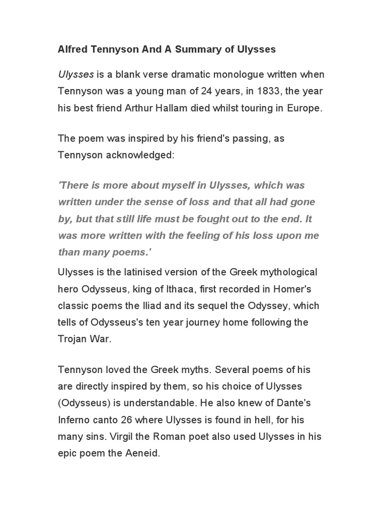 Alfred Tennyson and A Summary of Ulysses PDF Odysseus Odyssey