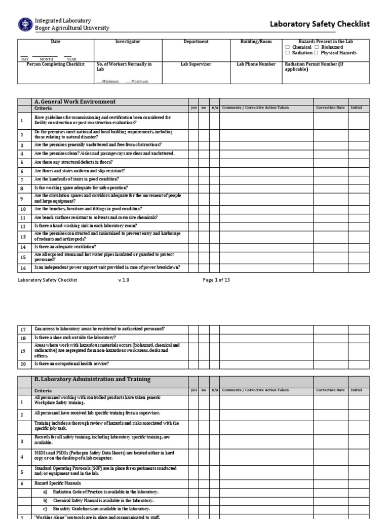 Laboratory Safety Checklist PDF Laboratories Dangerous Goods