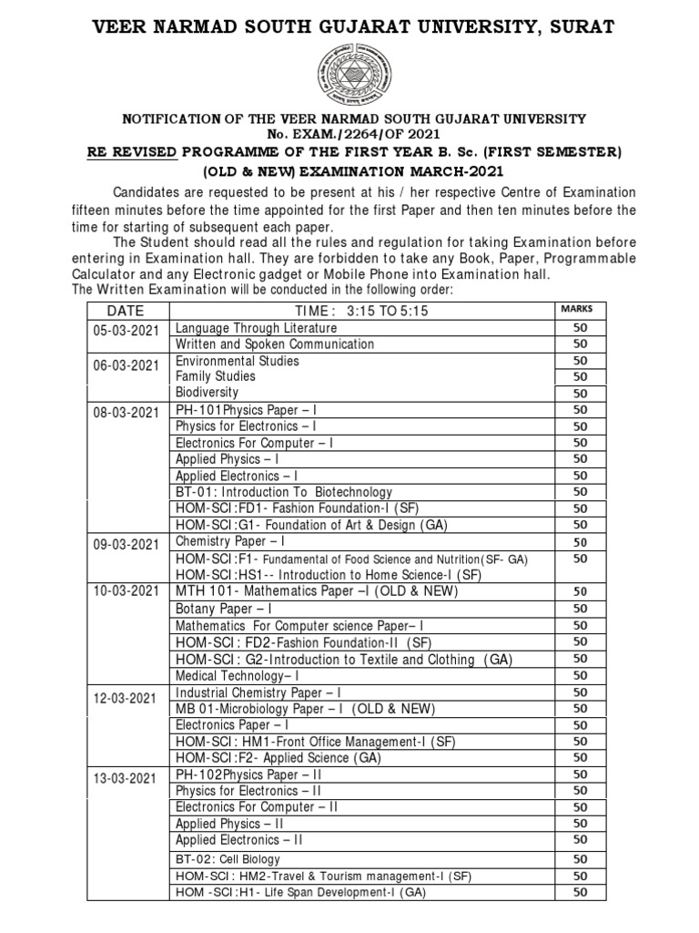 Re Revised Programme of The First Year B. Sc. (First Semester) (Old ...