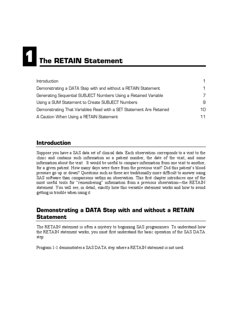 RETAIN Statement Sas (Software) Variable Science)