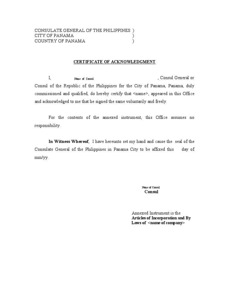 Certificate of Acknowledgment - Philippines Consulate | PDF | Law