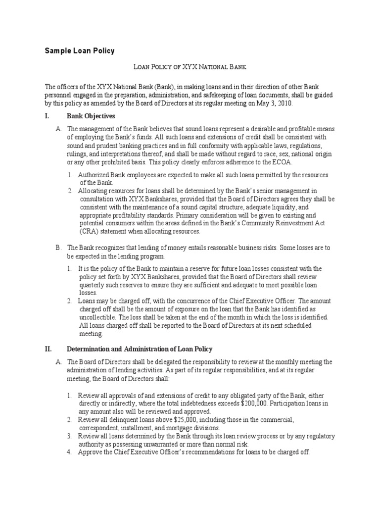Sample Loan Policy PDF Loans Credit