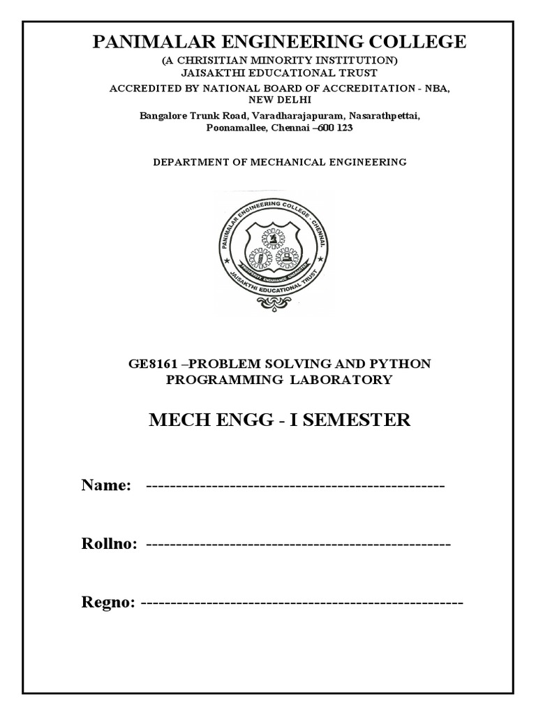 Panimalar Engineering College Mechanical Engineering Problem Solving ...