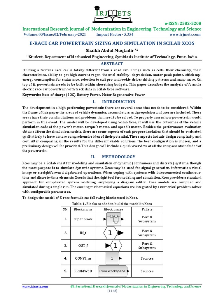 ERace Car Powertrain Sizing and Simulation in Scilab Xcos PDF