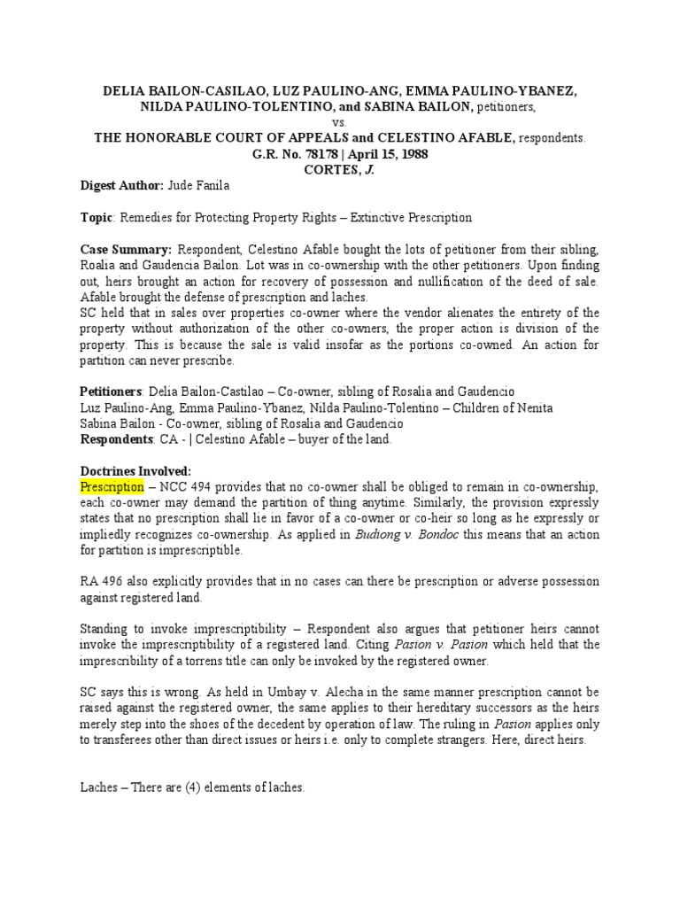 BailonCasilao v. CA Download Free PDF Concurrent Estate Laches