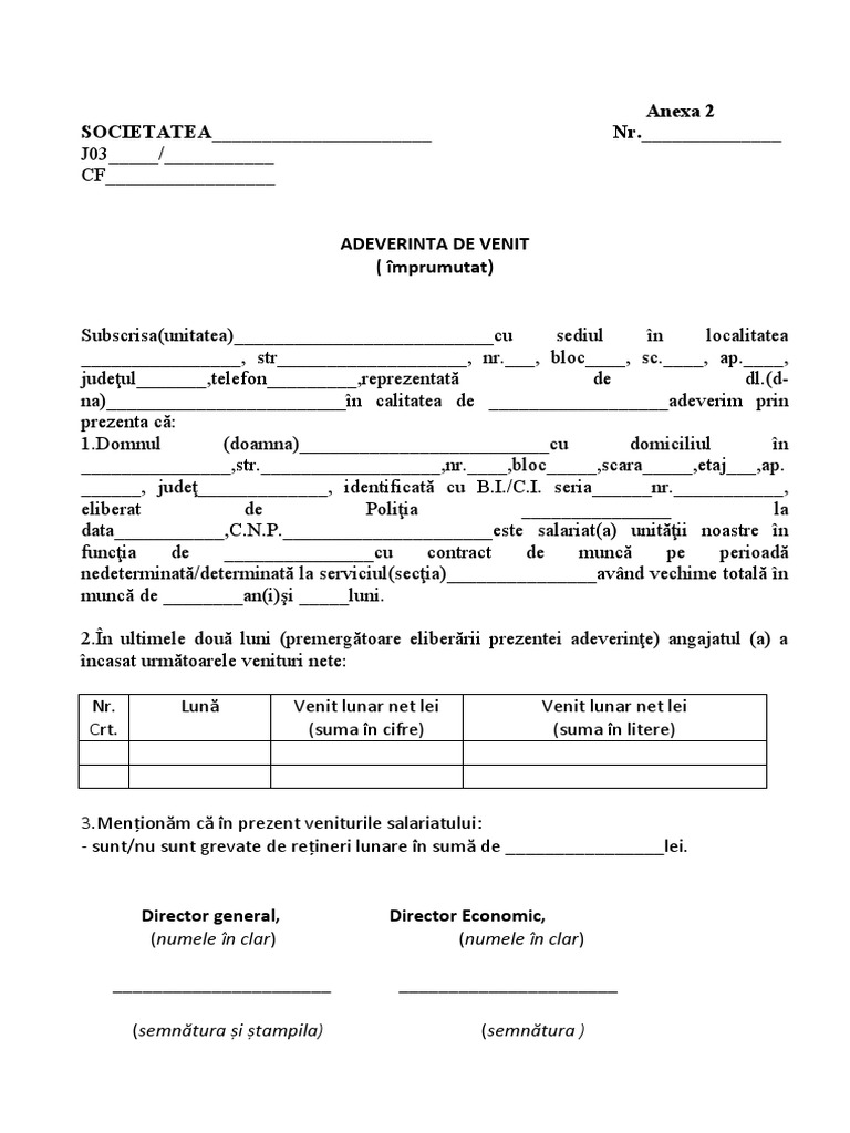 Adeverinta Venit Imprumutat Car | PDF