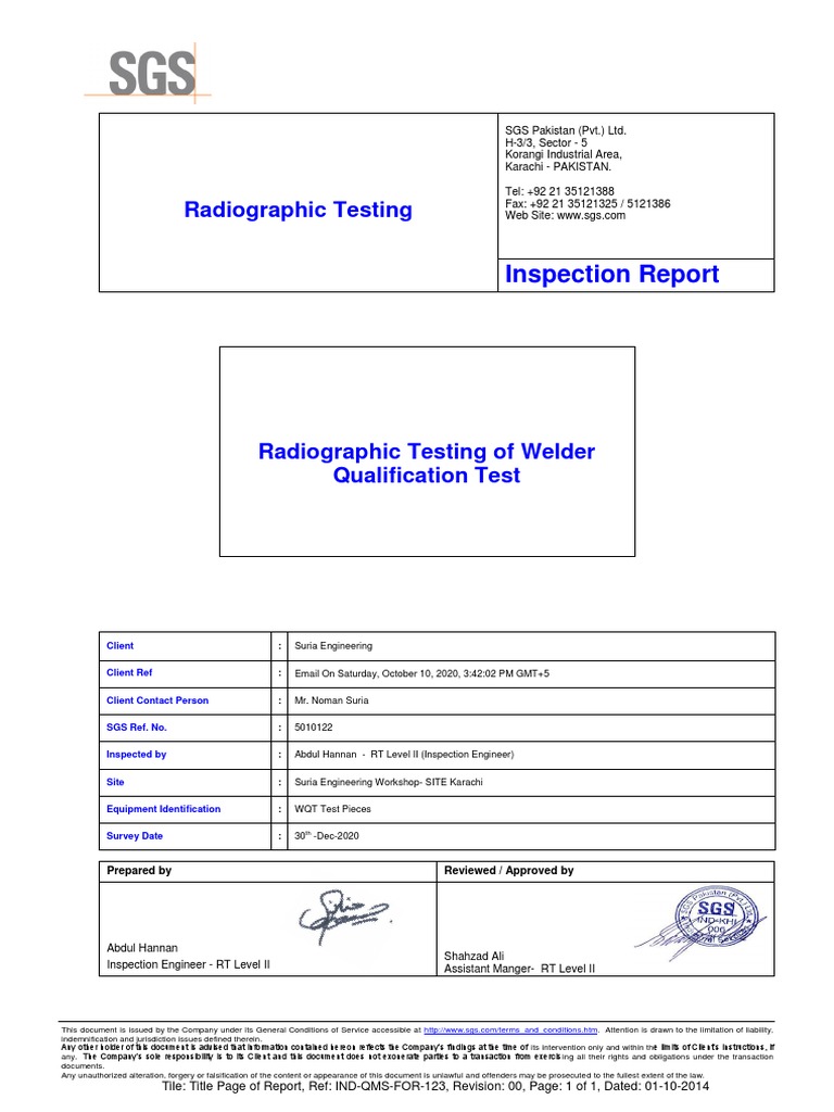 Radiographic Testing: Inspection Report | PDF | Welding | Construction