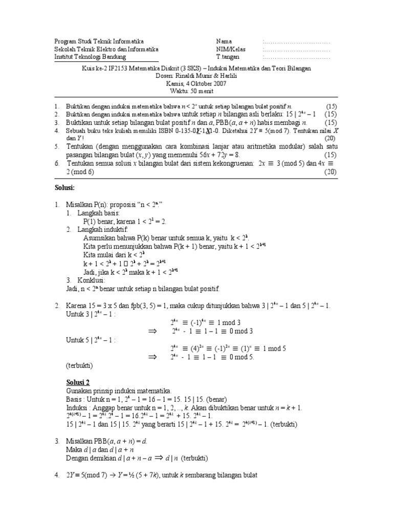 Kuis Matematika Diskrit IF2153 ITB | PDF | Metode & Bahan Ajar
