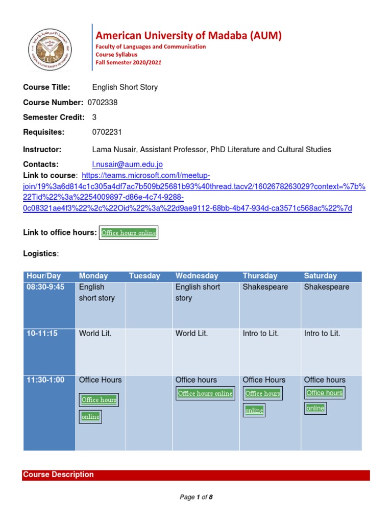 English Short Story Course Syllabus | PDF | Narrative | Grammar