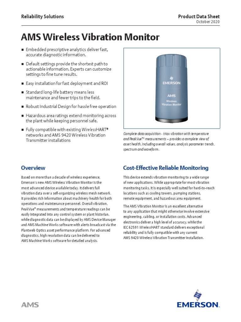 AMS Wireless Vibration Monitor Product Data Sheet Reliability