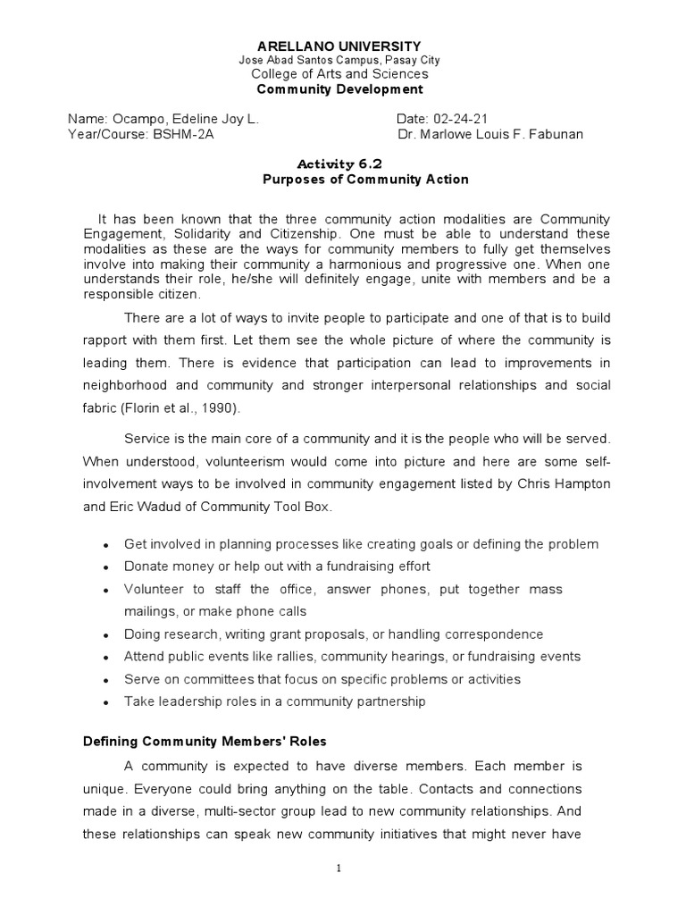 Activity 6 2 Purposes Of Community Action Pdf Community Goal