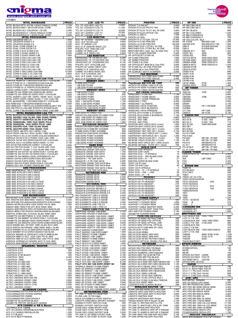 Price List for Electronics and Ink | PDF | Computer Hardware | Office ...