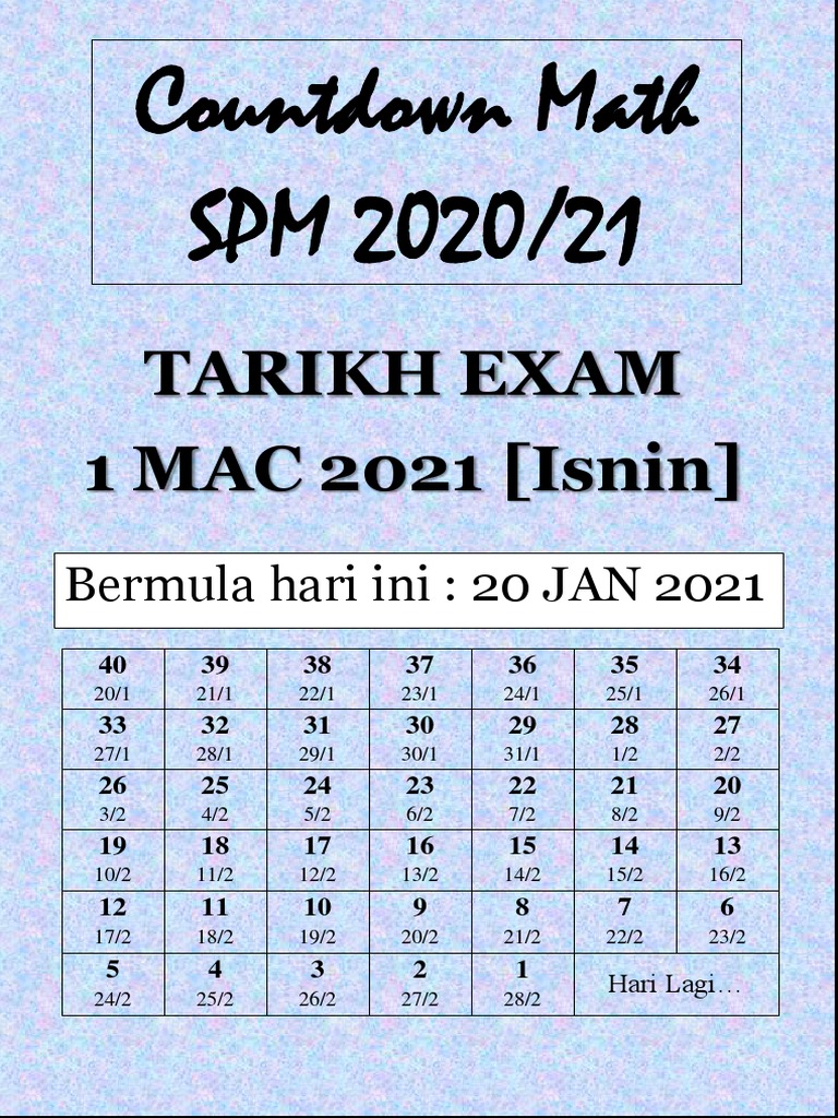 Countdown Math Spm 2020 21 Tarikh Exam 1 Mac 2021 Isnin Pdf