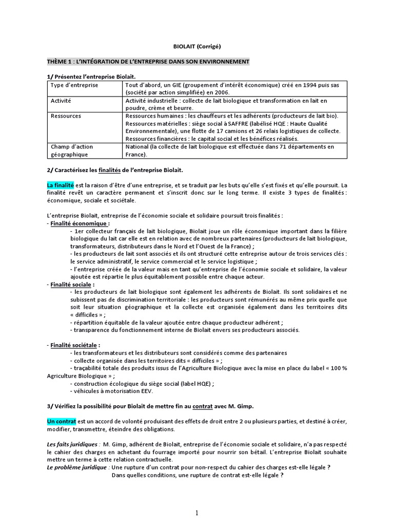 Bts Cg Cejm Sujet Corrigé Biolait Corrige | PDF | Agriculture biologique | Externalité