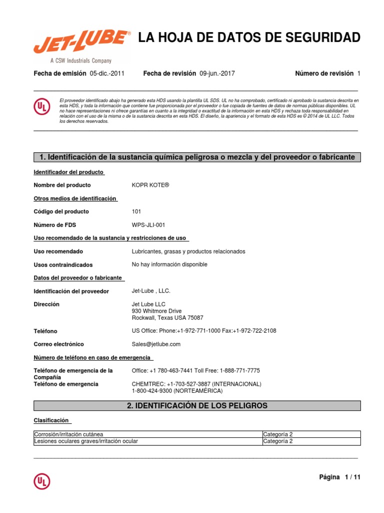 Jet Lube KoprKote Sds Sam SP PDF Contaminación Agua