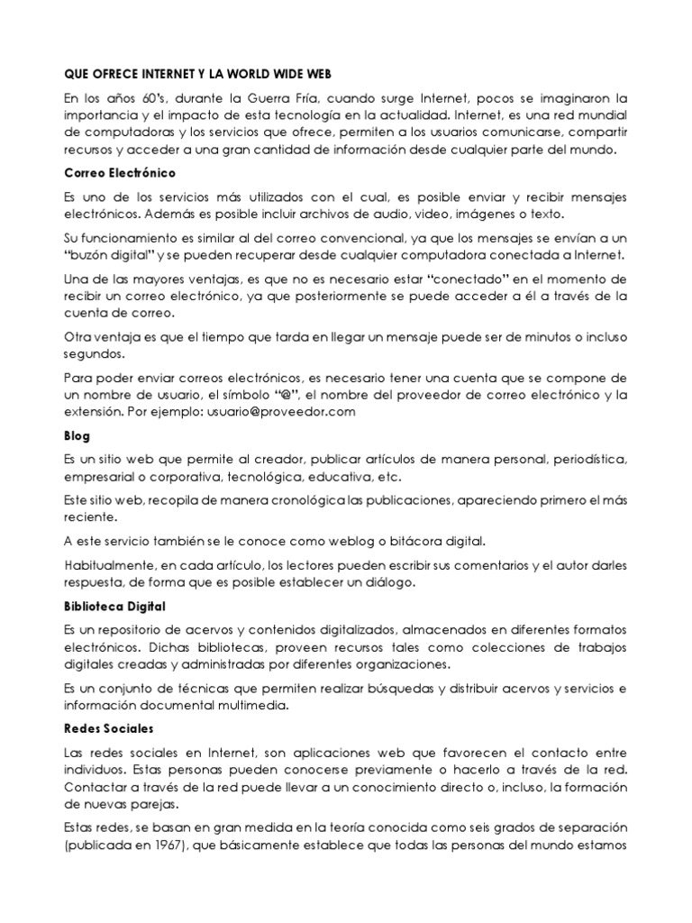 Que Ofrece Internet y La World Wide Web | PDF | Red mundial | Internet ...