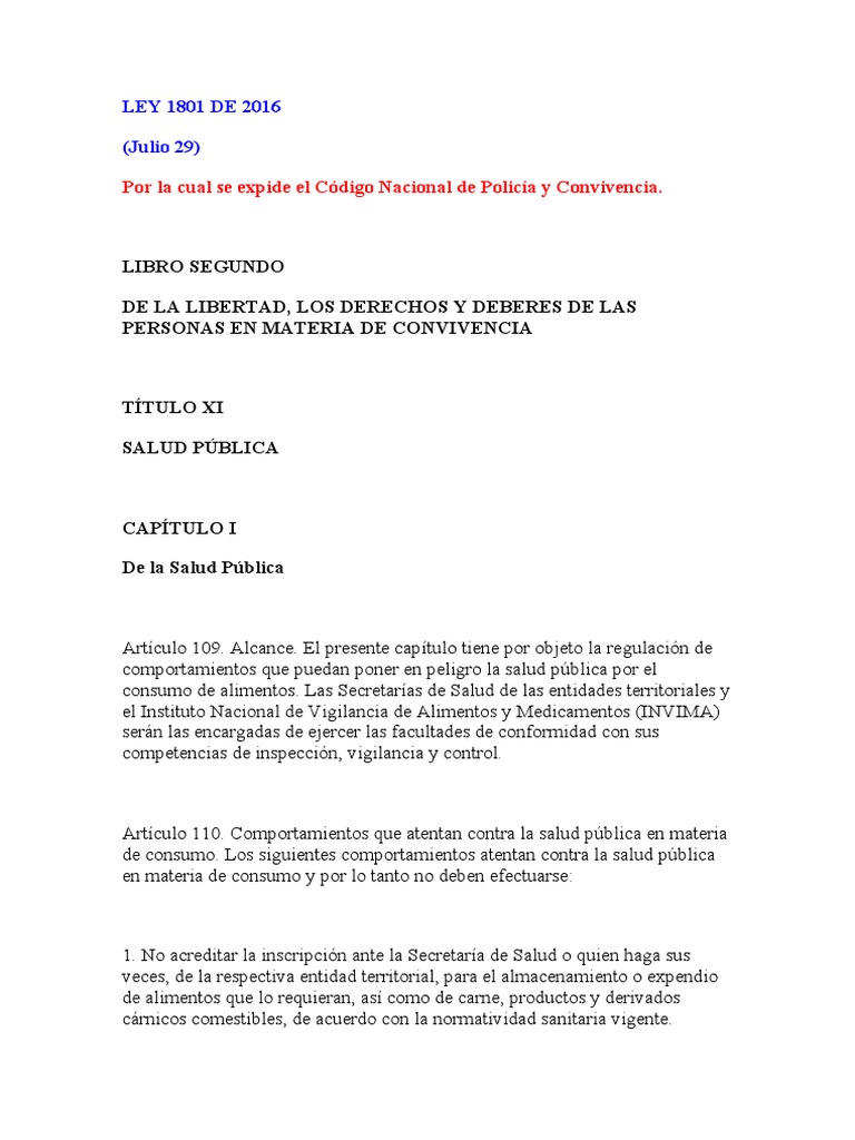Ley 1801 de 2016 | PDF | Carne | Multa (pena)