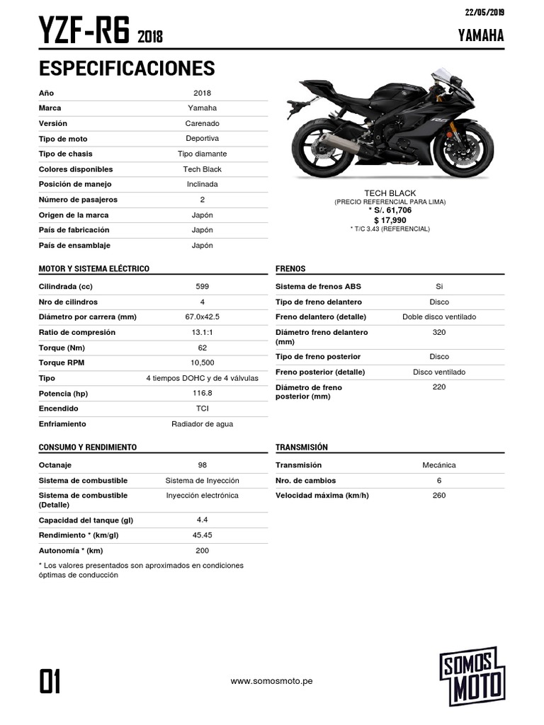 Ficha Técnica Yamaha R6 2018 | PDF | Inyección de combustible ...
