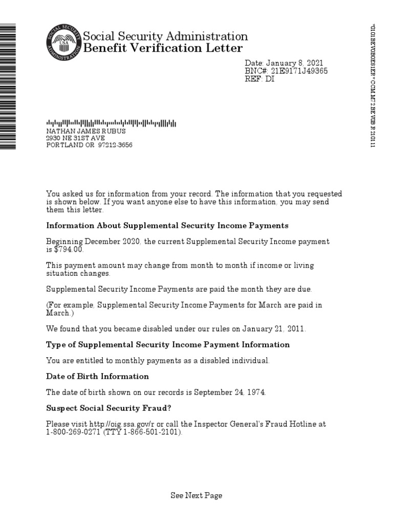 Benefit Verification Letter: Social Security Administration | PDF