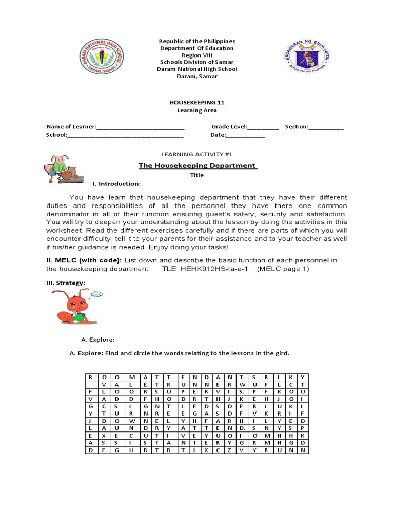 The Housekeeping Department Learning Activity 1 PDF Housekeeping