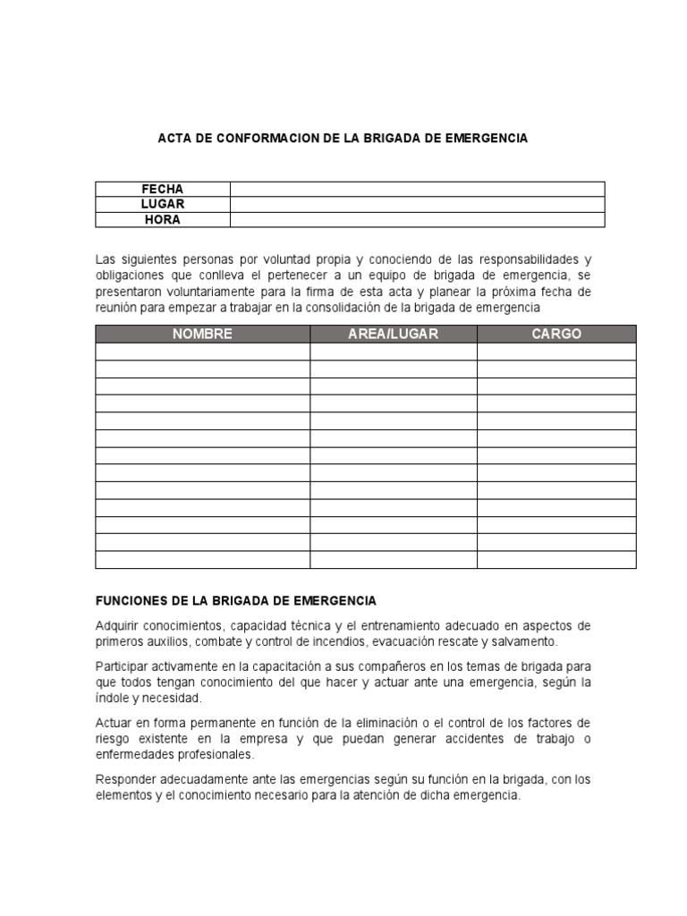 Acta de Conformación Brigada Emergencia | PDF