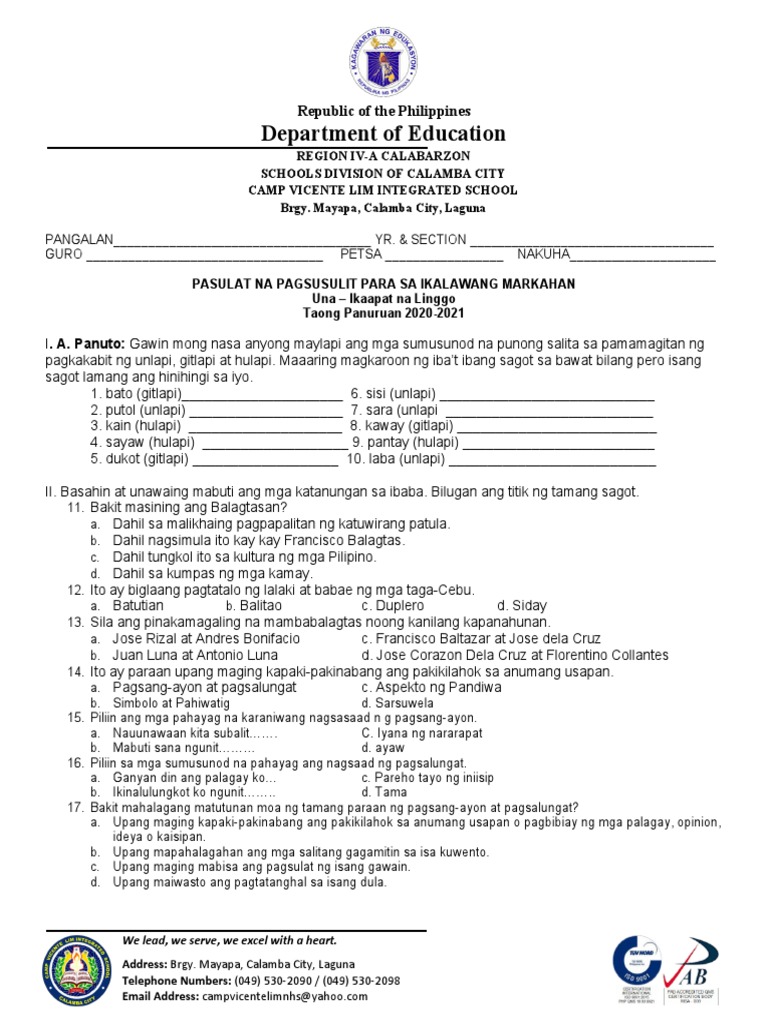 Pagsusulit Na Pasulat 2020 1 | PDF