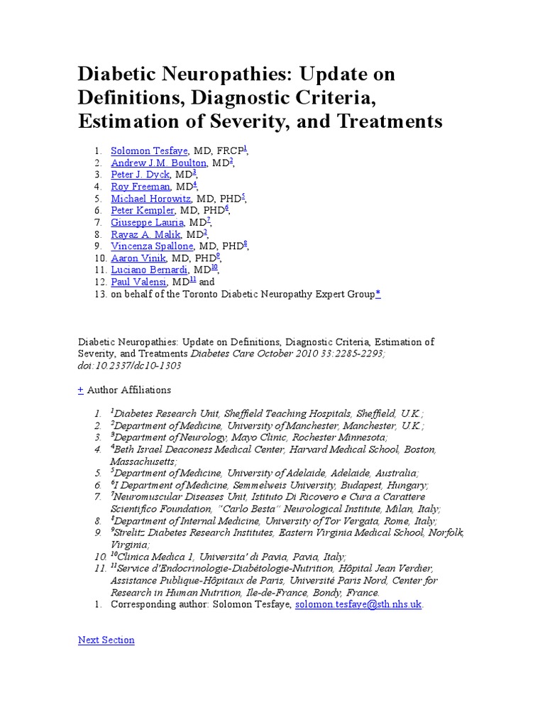 Diabetic Neuropathies Update On Definitions Diagnostic Criteria
