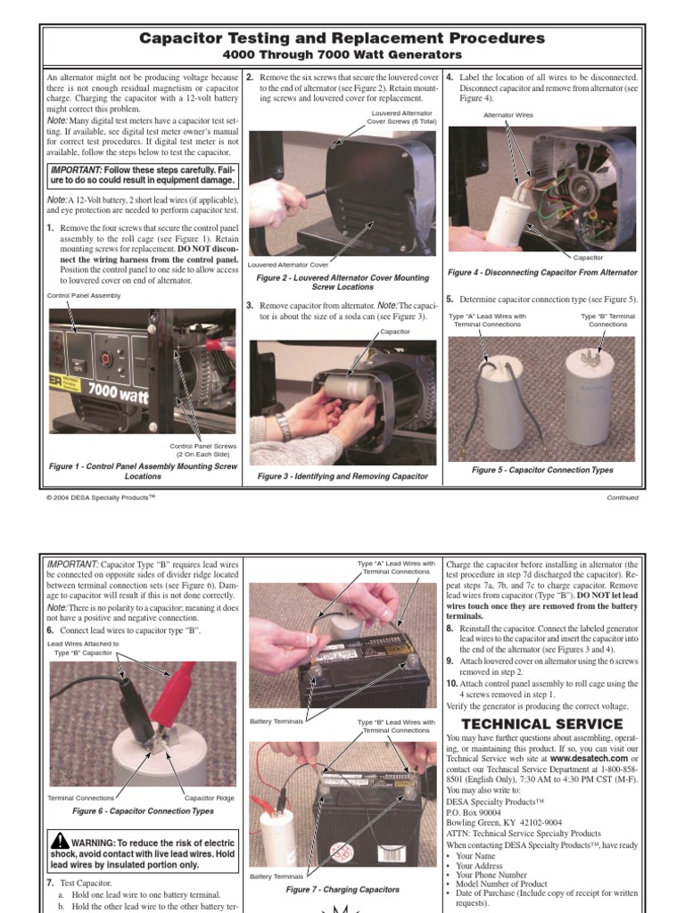 Capacitor Testing and Replacement Procedures 4000 Through 7000 Watt Generators PDF